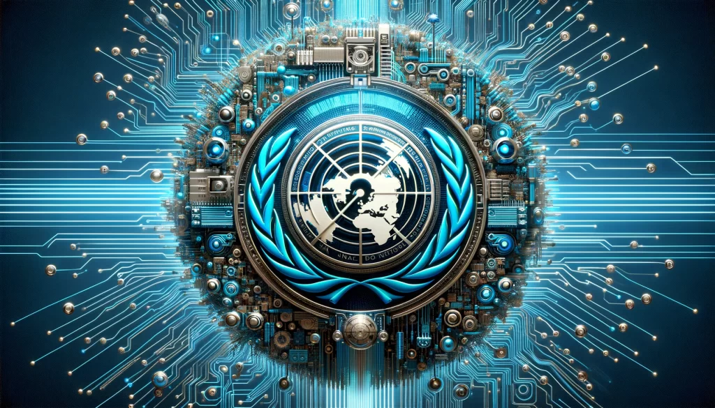 Icono de la ONU y símbolos de inteligencia artificial representando la resolución global
