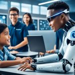 Robot interactuando con estudiantes en un aula de clases