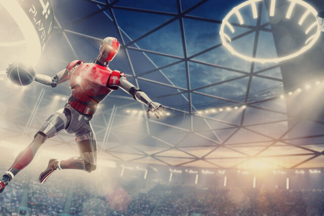 Cyborg Basketball Player About To Slam Dunk During Futuristic Game
